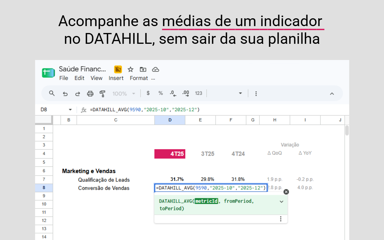 Fórmula DATAHILL_AVG em edição na planilha, com o resultado na célula
